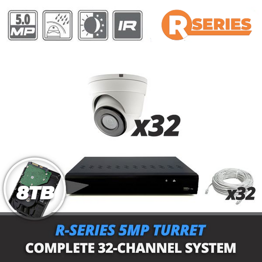 Complete 32-Channel R-Series 5MP Turret IP Video Surveillance System (PoE Switch and Cables Included)